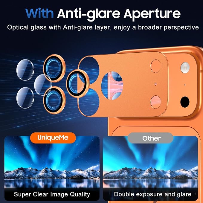 UniqueMe for 3 Pack iPhone 17 Pro Camera Lens Protector - [Drop Protection] [Case Friendly] 9H Tempered Glass Camera Cover Screen [Update New Version] - All Orange