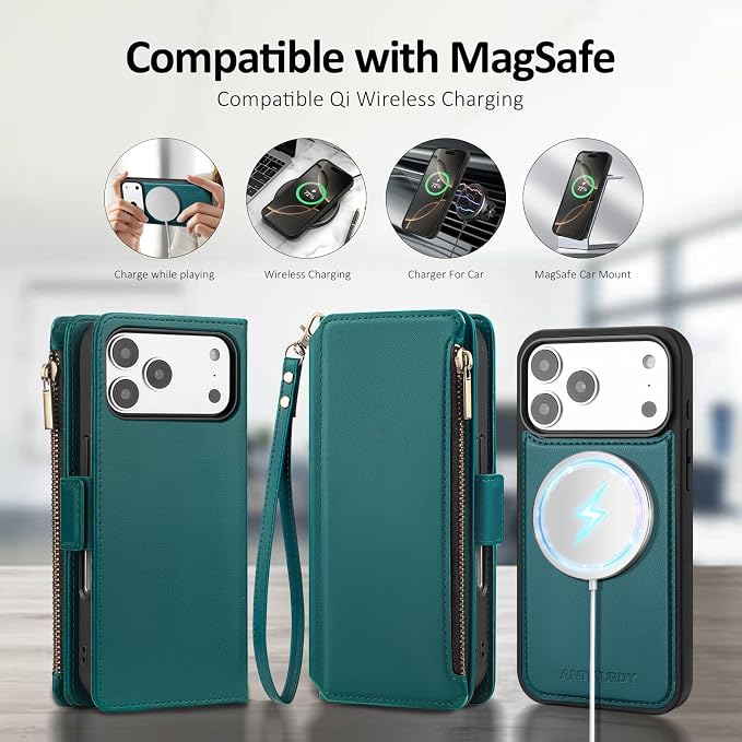 Antsturdy Compatible with Magsafe Magnetic 2 in 1 Detachable iPhone 17 Pro Wallet Case with Credit Card Holder Slots,PU Leather RFID Blocking Phone Cover Wrist Strap Zipper Women Men,Indigo Blue