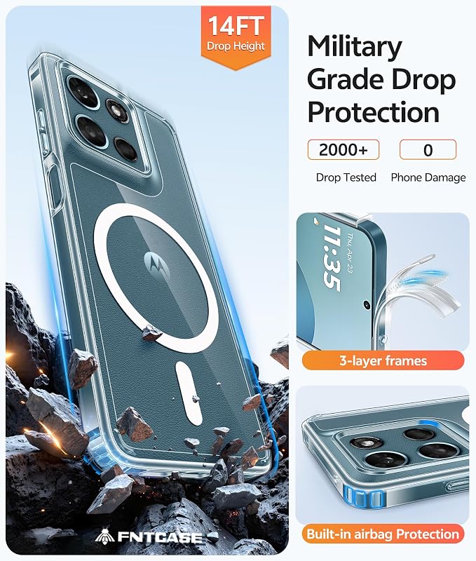 FNTCASE for Moto G Play 2026 / G 2026 / G 2025 Phone Case, Screen Protector | Anti Yellowing Magnetic Back, 14FT Military Grade Drop Protection, Shockproof Protective Phone Cover, Transparent