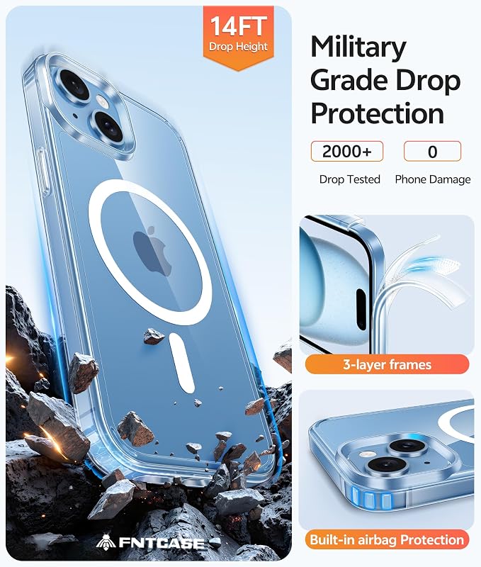 FNTCASE for iPhone 15 Case: for iPhone 14 Case & iPhone 13 Case [Compatible with Magsafe] [Screen Protector] Anti Yellowing Transparent Clear - Military Grade Shockproof Protective Phone Cover - Clear