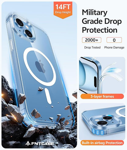FNTCASE for iPhone 15 Case: for iPhone 14 Case & iPhone 13 Case [Compatible with Magsafe] [Screen Protector] Anti Yellowing Transparent Clear - Military Grade Shockproof Protective Phone Cover - Clear