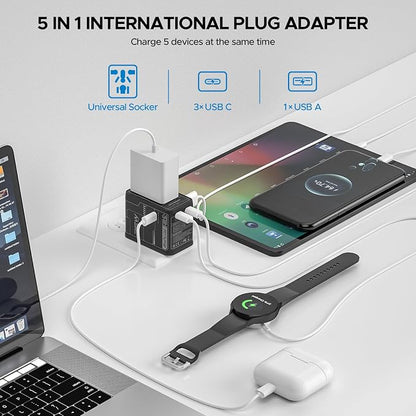 Universal Travel Adapter, 75W GaN International Power Adapter | All in One Travel Plug Adapter with 3 USB C, 1 USB A, Worldwide Outlet Wall Charger Converter for EU US UK AU 200+ Countries.