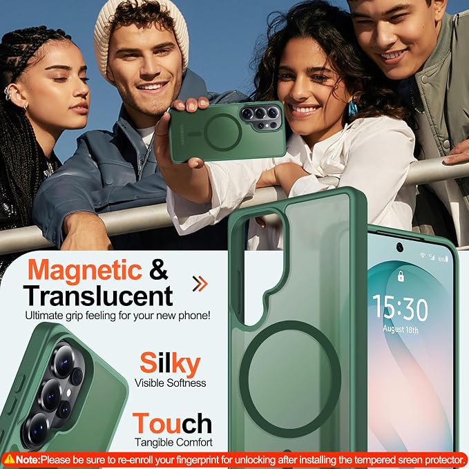 MOZOTER for Samsung Galaxy S26 Ultra Case with Magnetic,[Compatible with MagSafe][12Ft Military Dropproof][2*Screen Protector] Translucent Anti-Slip Back Slim Shockproof Case for S26 Ultra-Green | [12Ft Military Dropproof][2*Screen Protector]Translucen...