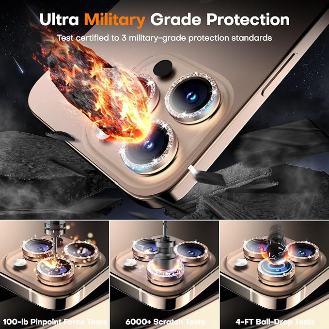 Camera Lens Protector for iPhone 17 Pro Max/17 Pro/16 Pro Max/16 Pro/15 Pro Max/15 Pro/14 Pro Max/14 Pro, Tempered Glass Metal Individual Camera Cover[Anti-drop] Case Friendly-Glitter Desert