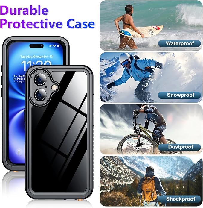 Temdan Compatible with iPhone 16 Case Waterproof, Built-in Screen & Camera Protector IP68 Underwater Full Body 16FT Military Dropproof Shockproof Phone Case 6.1"-Black/Clear