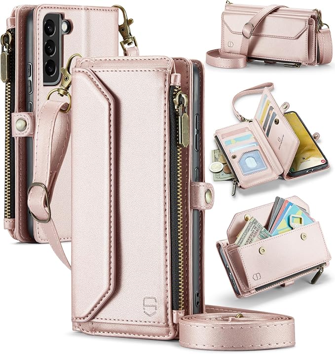 Strapurs Crossbody Wallet Case Compatible with Samsung Galaxy S22 Plus RFID Blocking Card Holder Soft PU Leather Magnetic Snap Strap Zipper Pocket Phone Case Fit for Galaxy S22+/ S22 Plus - Rose Gold