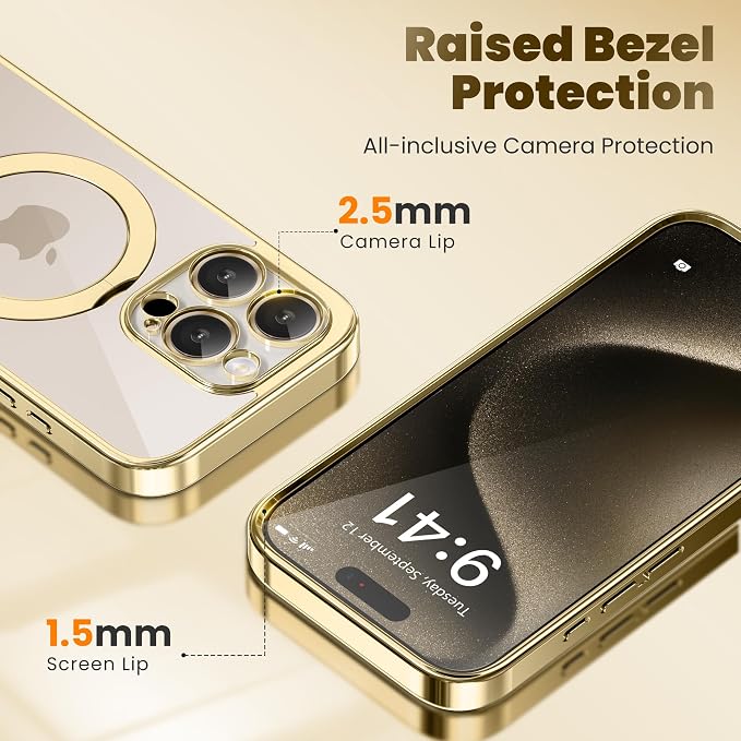 GolbinBox for iPhone 15 Pro Max Case with 360° Spin Magnetic Stand,[Compatible with Magsafe] [Military Protection][Built-in Ring Holder] Shockproof Phone Case for 15 Pro Max, Gold/Clear