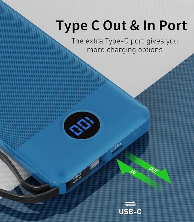 Portable Charger with Built in Cables, Slim 10000mAh Power Bank, USB C Battery Pack Travel, 4 Output 2 Input External Charging Bank for iPhone 17/16/15/14/13,Samsung, Android, etc-Black&Blue(2 Pack)