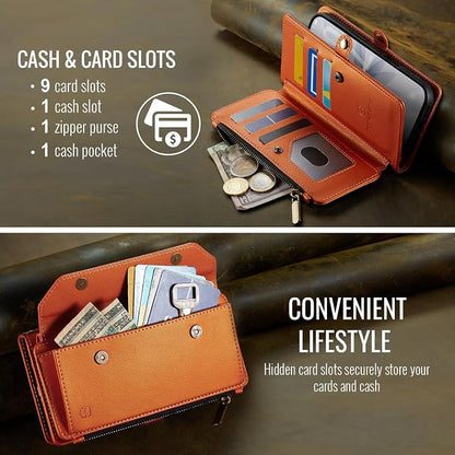 Strapurs Wallet Case Compatible with iPhone 17 6.3" RFID Blocking 9-Card Holder Soft PU Leather Magnetic Snap Shoulder Strap Zipper Pocket Phone Case Fit for iPhone 17 for Women - Orange