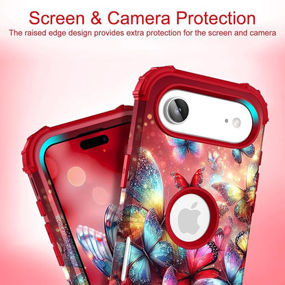 Hocase for iPhone Air Case 6.5", Heavy Duty Shockproof Protection Soft Silicone Rubber+Hard Plastic Bumpers Hybrid Protective Case for iPhone Air 2025 - Shimmering Butterflies in Red