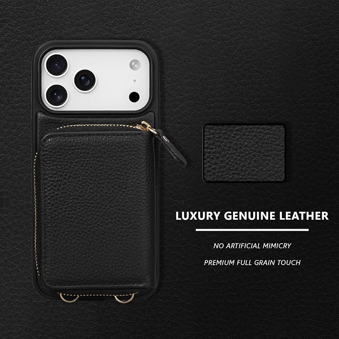 Keallce Wallet Case for iPhone 17 Pro Max 6.9 Inch, Genuine Leather Zipper Purse with Crossbody Strap, 4 Card Slots & RFID Blocking, Kickstand Flip Cover Shockproof for Women, Black