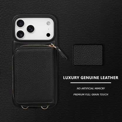 Keallce Wallet Case for iPhone 17 Pro Max 6.9 Inch, Genuine Leather Zipper Purse with Crossbody Strap, 4 Card Slots & RFID Blocking, Kickstand Flip Cover Shockproof for Women, Black