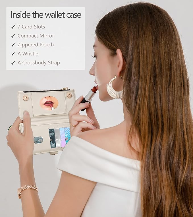 Rssviss Crossbody Wallet Case for iPhone 17 Pro Max 6.9", with Make Up Mirror, Wrist Strap, Zipper Purse Magnetic Flip, RFID Blocking Card Holder Kickstand, PU Leather Shockproof Women, Beige