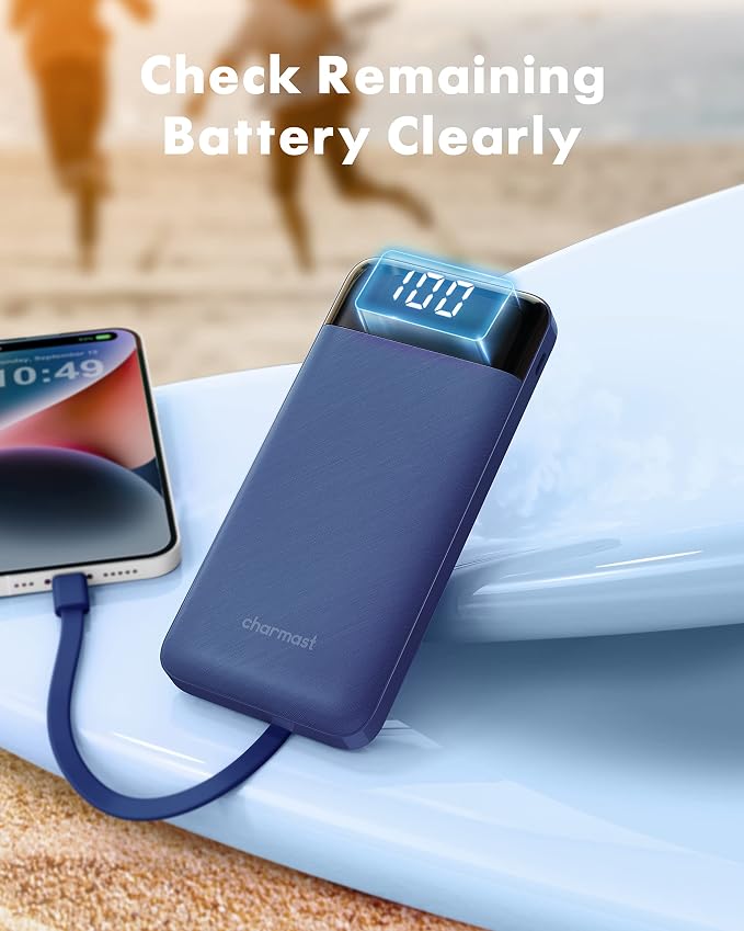 charmast 10000mAh Portable Charger,Built-in 4 Cables,6 Outputs/3 Inputs,3A Fast Charging,Compatible with iPhone,iPad,Samsung,Pixel,LG