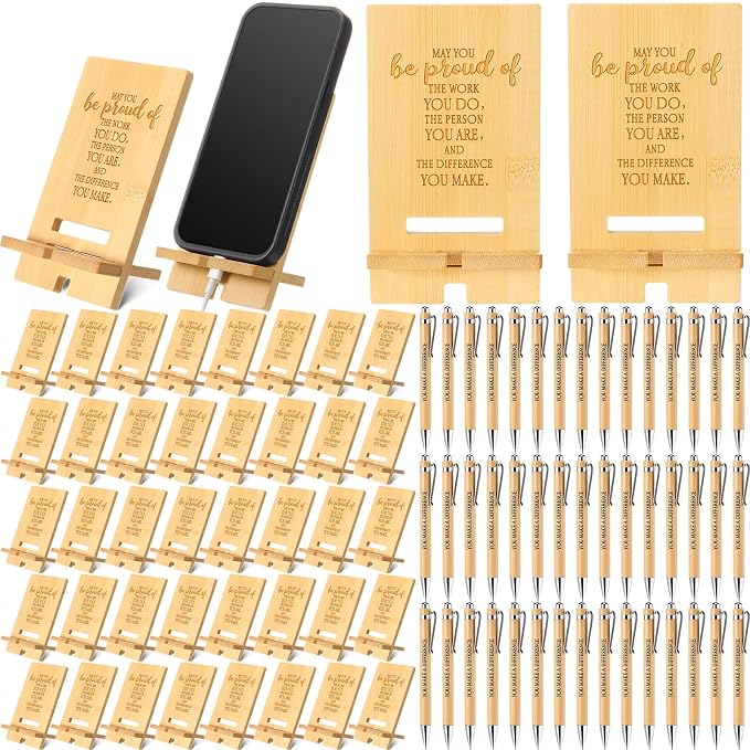 Ripeng 40 Sets Employee Appreciation Gifts Bulk Bamboo Phone Stands with Ballpoint Pens for Desk Office Workers Thank You Gift for Team Coworkers Staff Volunteer Nurse Teacher Colleagues