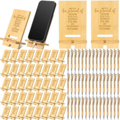 Ripeng 40 Sets Employee Appreciation Gifts Bulk Bamboo Phone Stands with Ballpoint Pens for Desk Office Workers Thank You Gift for Team Coworkers Staff Volunteer Nurse Teacher Colleagues