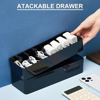 Tatuo 4 Pcs Cord Organizer for Drawer Desktop, Cable Organizer Box with 8 Compartments and Wire Ties, Plastic Charger Storage with Lid, Electronics Case for Home Office Accessories (Small,Black)