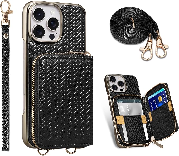 Keallce Wallet Case for iPhone 16 Pro Max 6.9", Crossbody Zipper Purse with Wristlet Strap, RFID Blocking Card Holder Kickstand, Woven Leather Case Electroplating Process for Women (Black)