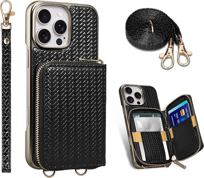 Keallce Wallet Case for iPhone 16 Pro Max 6.9", Crossbody Zipper Purse with Wristlet Strap, RFID Blocking Card Holder Kickstand, Woven Leather Case Electroplating Process for Women (Black)