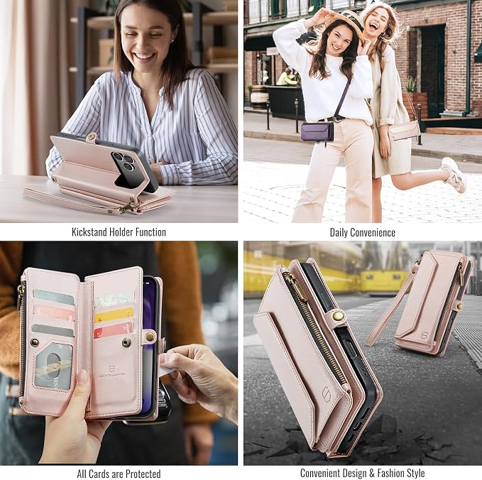 Strapurs Wallet Case Compatible with iPhone 17 Pro 6.3" RFID Blocking 9-Card Holder Soft PU Leather Magnetic Snap Shoulder Strap Zipper Pocket Phone Case Fit for iPhone 17 Pro for Women - Rose Gold