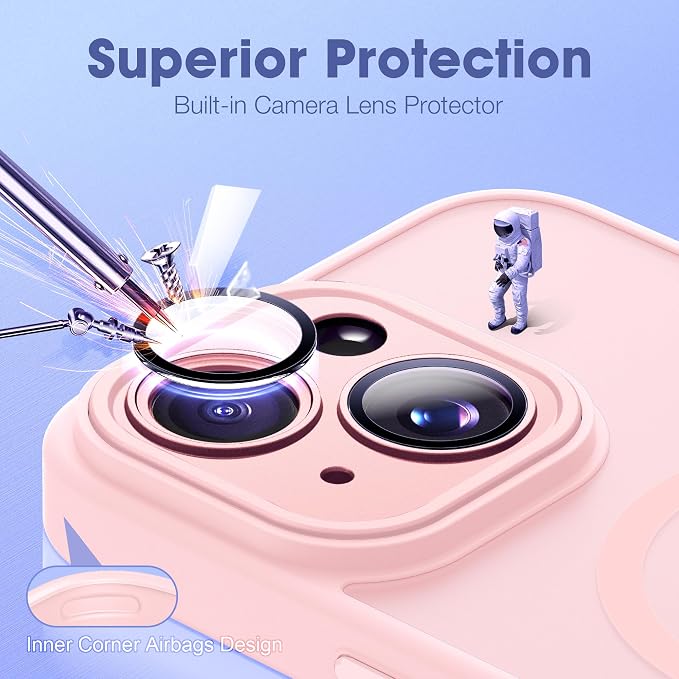 Compatible with iPhone 15 Case with Built-in Camera Lens Protectors Shockproof Translucent Magnetic iPhone 15 Phone Case 6.1" [Compatible with Mag-Safe][Great Grip Feeling], Pink
