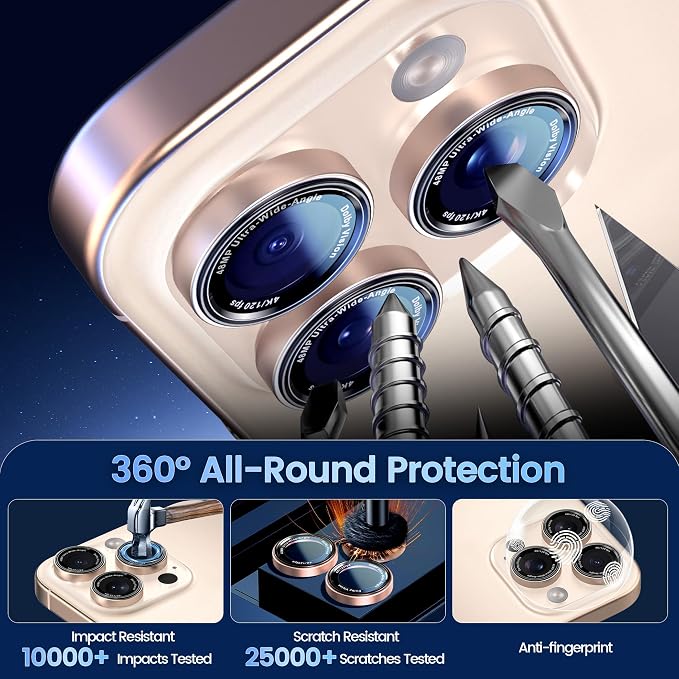 CACOE Camera Lens Protector for iPhone 17ProMax/17Pro/16ProMax/16Pro/15ProMax/15Pro/14ProMax/14Pro, [Anti-Scratch] [Drop-Proof][Strong-Adhesion] Camera Screen Cover(Desert Gold)