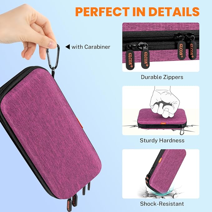 Purple Double-Layer Hard Shell Carrying Case,Travel Cable Pouch | Portable Electronic Organizer Travel Zipper Pouch,Tech Accessories Storage Bag for Charger, Adapter,Power Bank, Phone, Cable