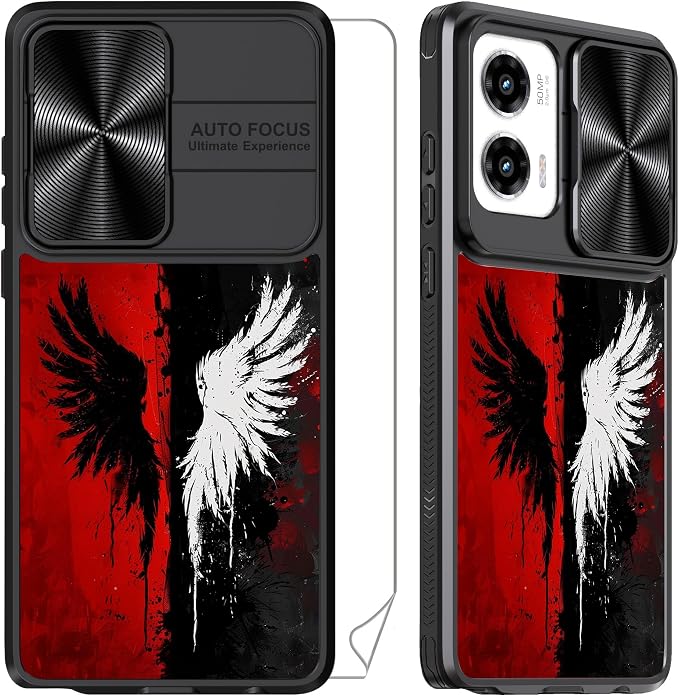 for Motorola Moto G Stylus 5G 2024 Case with Black White Wings, Metal Slide Camera Cover, Screen Protector, Anti-Peeping Privacy Safeguard, Camera Lens Protector Phone Case for Moto G Stylus 5G 2024