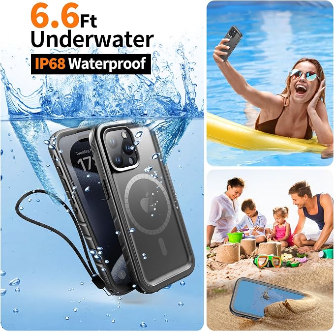 Cozycase for iPhone 15 Pro Waterproof Shockproof Dustproof Case [Compatible with MagSafe] - Heavy Duty/360 Full Body/Military Grade/Rugged Built in Screen/Camera Protector with Lanyard Black