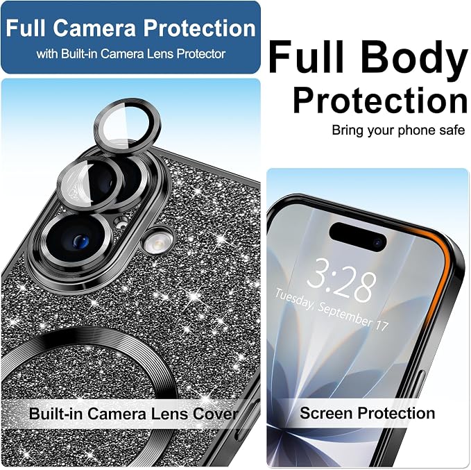 Hython for iPhone 17 Case Glitter Clear Magnetic Phone Cases [Compatible with MagSafe] Full Camera Lens Protector Sparkle Luxury Plating Slim Shockproof Protective Cover Women, Black