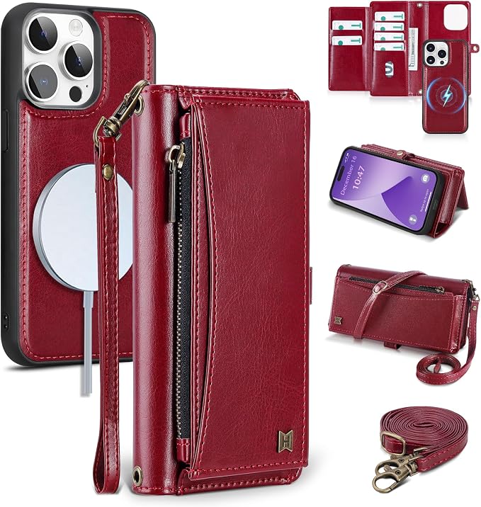 Wallet Case for iPhone 14 Pro with Card Holder/Crossbody Wallet/Strap| RFID Blocking | Magnetic | Kickstand | Detachable | PU Leather Phone Case for iPhone 14 Pro,6.1 in,Wine Red
