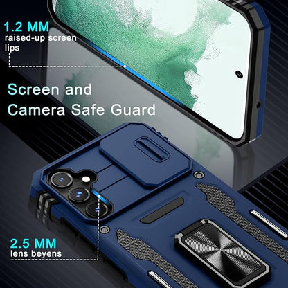 DEERLAMN Case for Samsung Galaxy S23 FE 6.4-Inch with Slide Camera Cover+Screen Protector(1 Pack),Rotated Ring Kickstand Military Grade Shockproof Protective Cover-Navy Blue