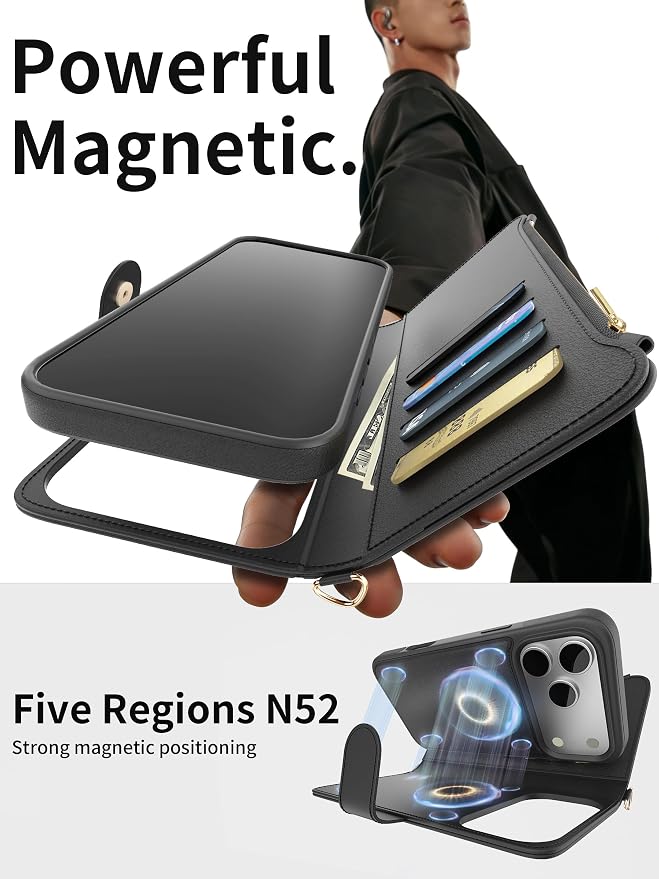 for iPhone 17 Pro Max Detachable Wallet Case with Crossbody.Multi-Function 2 in 1 Magnetic Wallet Case with Card Holder.Flip Strap Zipper Phone Case with Shoulder Straps (Black, iPhone 17 Pro Max)