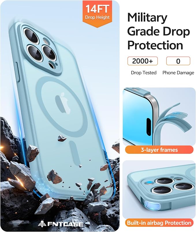 FNTCASE for iPhone 14 Pro Case: [Compatible with Magsafe] Translucent Matte Cases with [Full Camera Protection] [Screen Protector] Military Grade Shockproof Protective Phone Cover - Teal