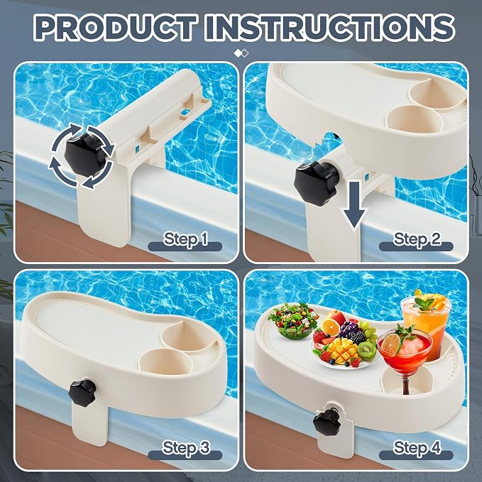 Geelin 1 Pc Hot Tub Table Tray, Adjustable Aboveground Bathtub Tray with 2 Cup Holder, Between 2'' to 7.5'' Nonslip Hot Tub Accessories Shelf Drinks Snacks Phone Holder for Spa Bathtub (Ivory White)