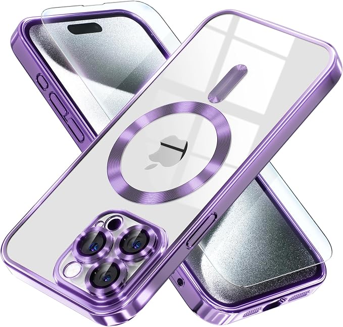 Misea Magnetic for iPhone 15 Pro Max Case with MagSafe [Never Yellowing] [Military Grade Drop Protection] Full Camera Lens Protector Plating Soft Clear Phone Case for Women Girls, Purple