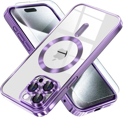 Misea Magnetic for iPhone 15 Pro Max Case with MagSafe [Never Yellowing] [Military Grade Drop Protection] Full Camera Lens Protector Plating Soft Clear Phone Case for Women Girls, Purple