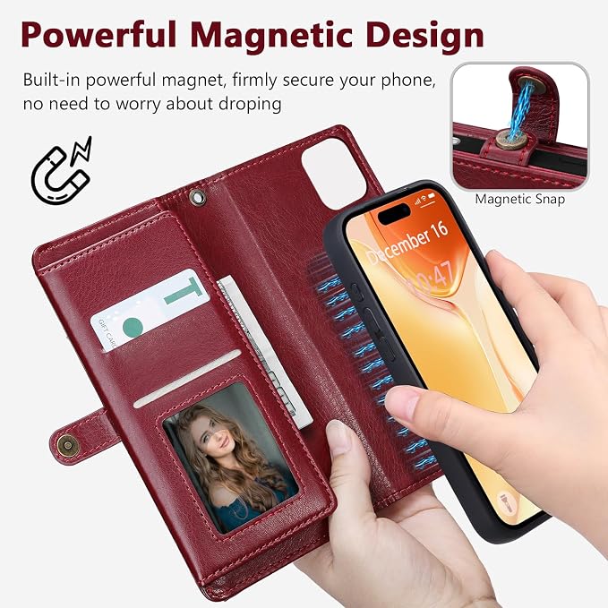 Wallet Case for iPhone 15 with Card Holder/Crossbody Wallet/Strap| RFID Blocking | Magnetic | Kickstand | Detachable | PU Leather Phone Case for iPhone 15,6.1 in,Wine Red