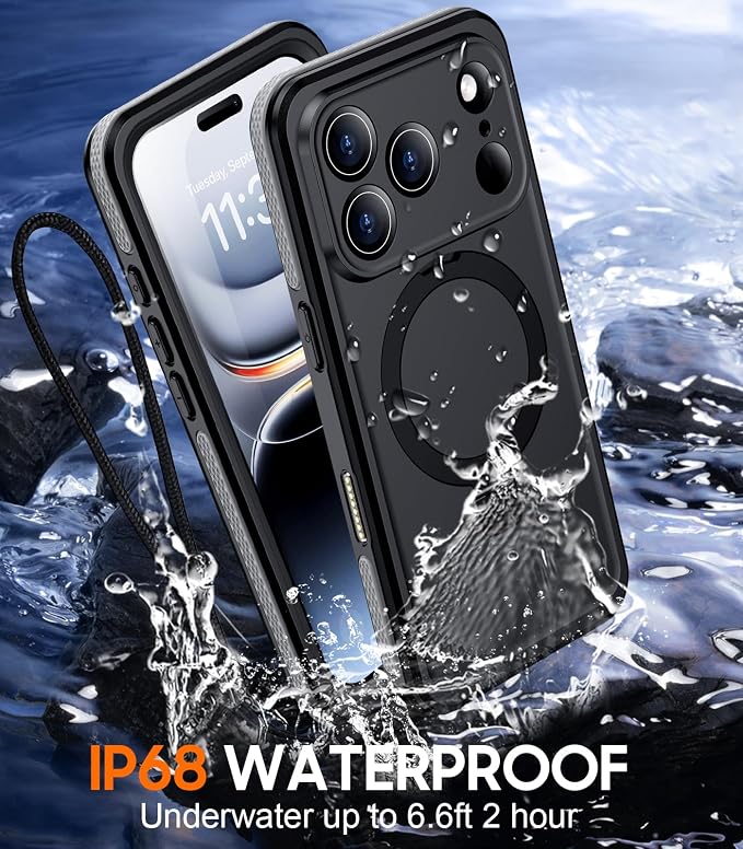Temdan Magnetic Compatible with iPhone 17 Pro Case,Waterproof Built-in Screen & Camera Protector IP68 Underwater Full Body 17FT Military Dropproof Shockproof Phone Case 6.3"-Gray/Black