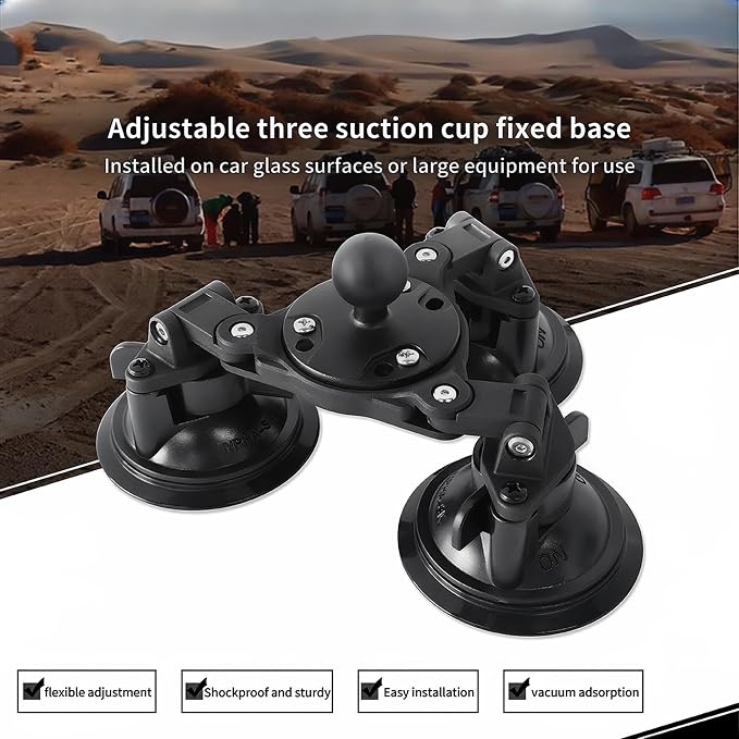Triple Suction Cup Mount Base with 1-Inch Ball, Adjustable Base Plate, Compatible with RAM Mounts B-Size Double Socket Arms & 25mm Ball Systems