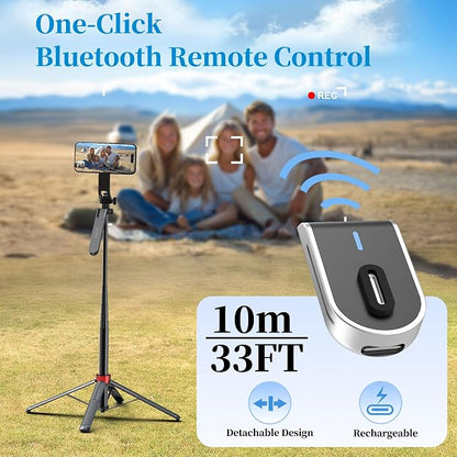 PlusAcc 69” Magnetic Selfie Stick Tripod - Extendable Phone Mount for MagSafe, 360°Rotation Travel Stand with Rechargeable Remote, Compatible with iPhone, Camera, Video Recording
