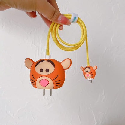 3D Cute Cartoon Charger Protector Case - Compatible for Apple 20W USB-C Power Adapter and Lightning Cable (Orange Tiger)