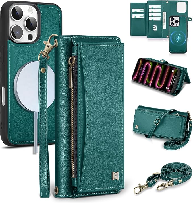 Wallet Case for iPhone 16 Pro with Card Holder/Crossbody Wallet/Strap| RFID Blocking | Magnetic | Kickstand | Detachable | PU Leather Phone Case for iPhone 16 Pro,6.3 in,Green