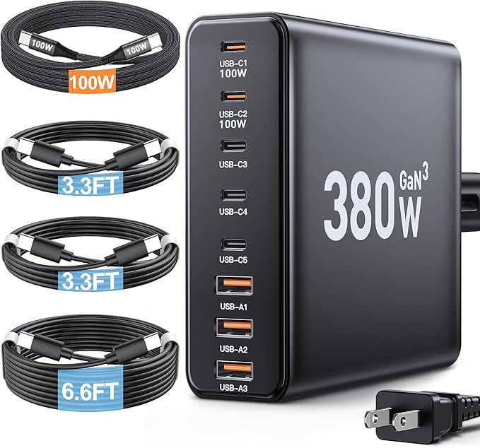 380W USB C Charger Block with 4 USB Cables Dual 100W Charging Station | 8-Port USB C Charging Station Laptop Charger Fast Type C Charging Block for MacBook Pro, Dell XPS, iPhone, iPad, Tablet