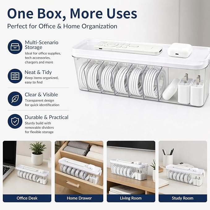 TexHome 2 Pcs Charger Cable Organizer Box with Lid Plastic Cord Storage Box with Wire Ties, Electronics Cord Organizer for Home Drawer Office Desk Accessories Storage