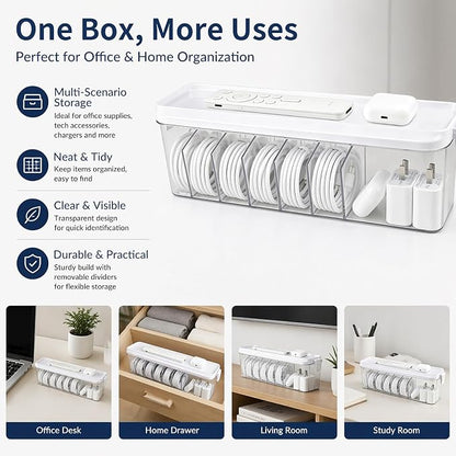 TexHome Charger Cable Organizer Box with Lid Plastic Cord Storage Box with Wire Ties, Electronics Cord Organizer for Home Drawer Office Desk Accessories Storage