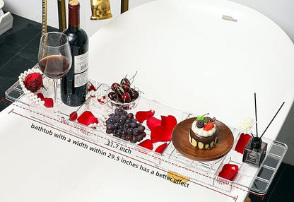 IEEK Expandable Bath Tray with Wine and Book Holder - Clear Acrylic Bathtub Caddy Shelf - Plastic Board Gift for Women