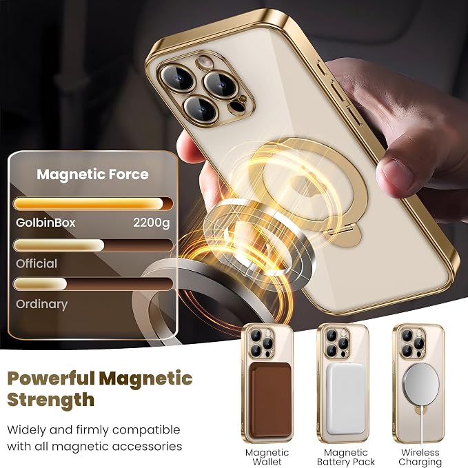 GolbinBox for iPhone 15 Pro Max Case with 360° Spin Magnetic Stand,[Compatible with Magsafe] [Military Protection][Built-in Ring Holder] Shockproof Phone Case for 15 Pro Max, Gold/Clear