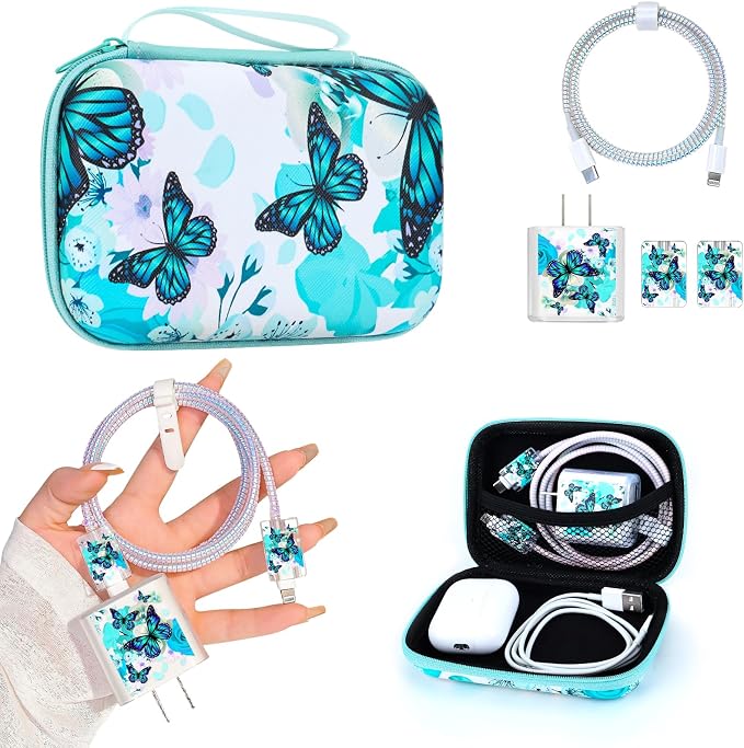 CameCosy Cute Phone Charger Case Storage Set with Lovely Butterfly Cable Protector, Carrying Case Bag, Cable Organizer, USB Earphone Wire Saver Charger Protector for iPhone (Bright Blue)