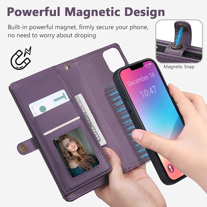 Wallet Case for iPhone 13 Pro Max with Card Holder/Crossbody Wallet/Strap| RFID Blocking | Magnetic | Kickstand | Detachable | PU Leather Phone Case for iPhone 13 Pro Max,6.7 in,Purple